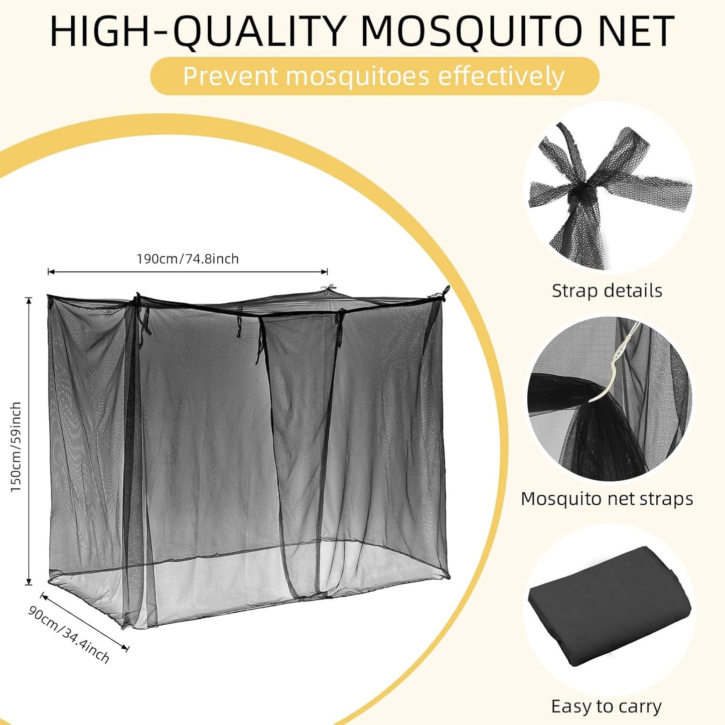4 Corners Mosquito Net for Mosquiteros para Camas Bed Canopies Netting Bed Drapes Rectangular Mosquito Mesh for Camping Home Outdoor Travel(Black,L75 X W35.5 X H59 Inch,Opening)