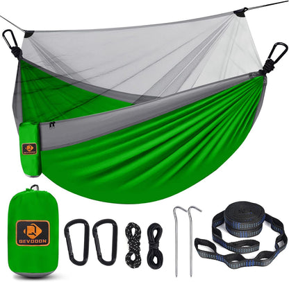 Camping Hammock with Net,Portable Lightweight Double Hammocks with Tree Straps and Solid D-Shape Carabiners,Parachute Nylon Hammock for Backpacking Beach Backyard Patio Hiking Green&Grey