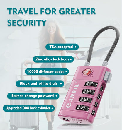 ANVIL 4 Digit Luggage Locks, TSA Locks for Luggage, Advanced TSA008 core, Alert Indicator for Your Travel Lock, Suitcase Lock. (2, Rose Purple)