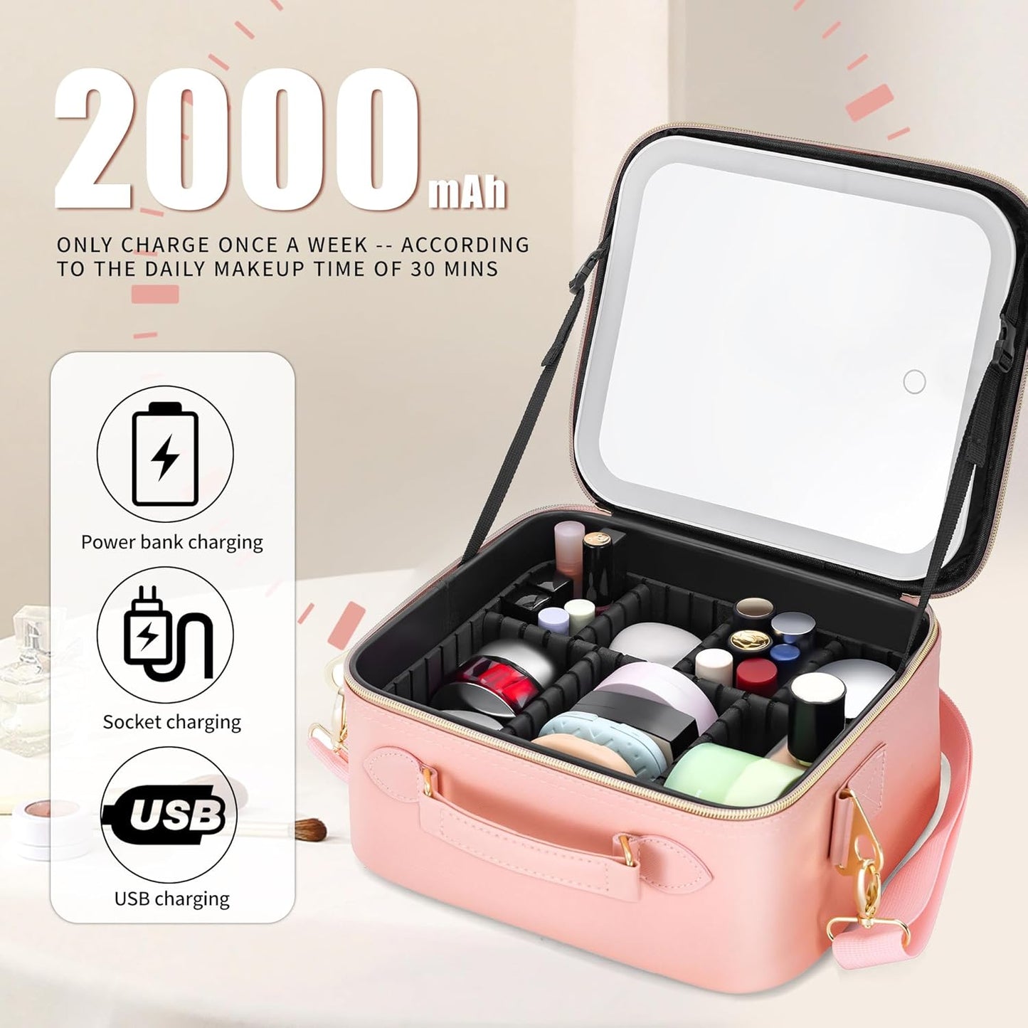 Travel Makeup Bag Cosmetic Organizer Bag with Lighted Mirror, Waterproof Makeup Bag with Light Up Mirror, Travel Makeup Case for Cosmetic Brush Holder Storage, Large Toiletry Bag Women Gift