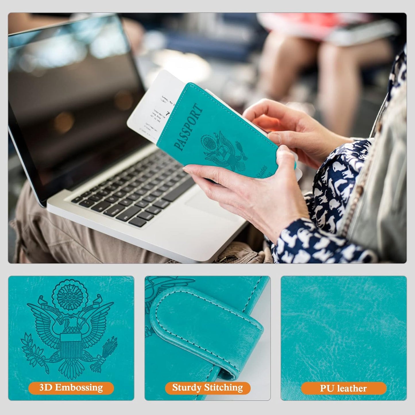 TIGARI Passport Holder for Travel Women Men, PU Leather Waterproof RFID Passport Holder Wallet Cover Case Sleeve, Family Vacation Plane Cruise Travel Document Organizer Essentials-Teal