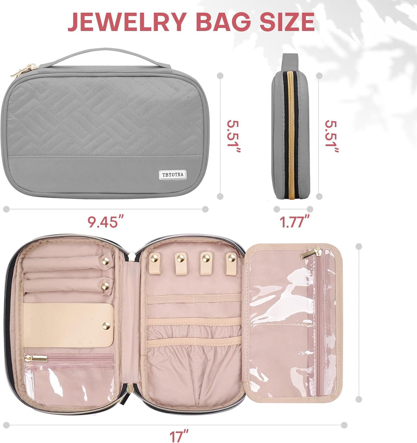 Jewelry Travel Case Organizer for Necklaces, Earrings, Rings, Bracelet, Watch, Soft Sided, Grey