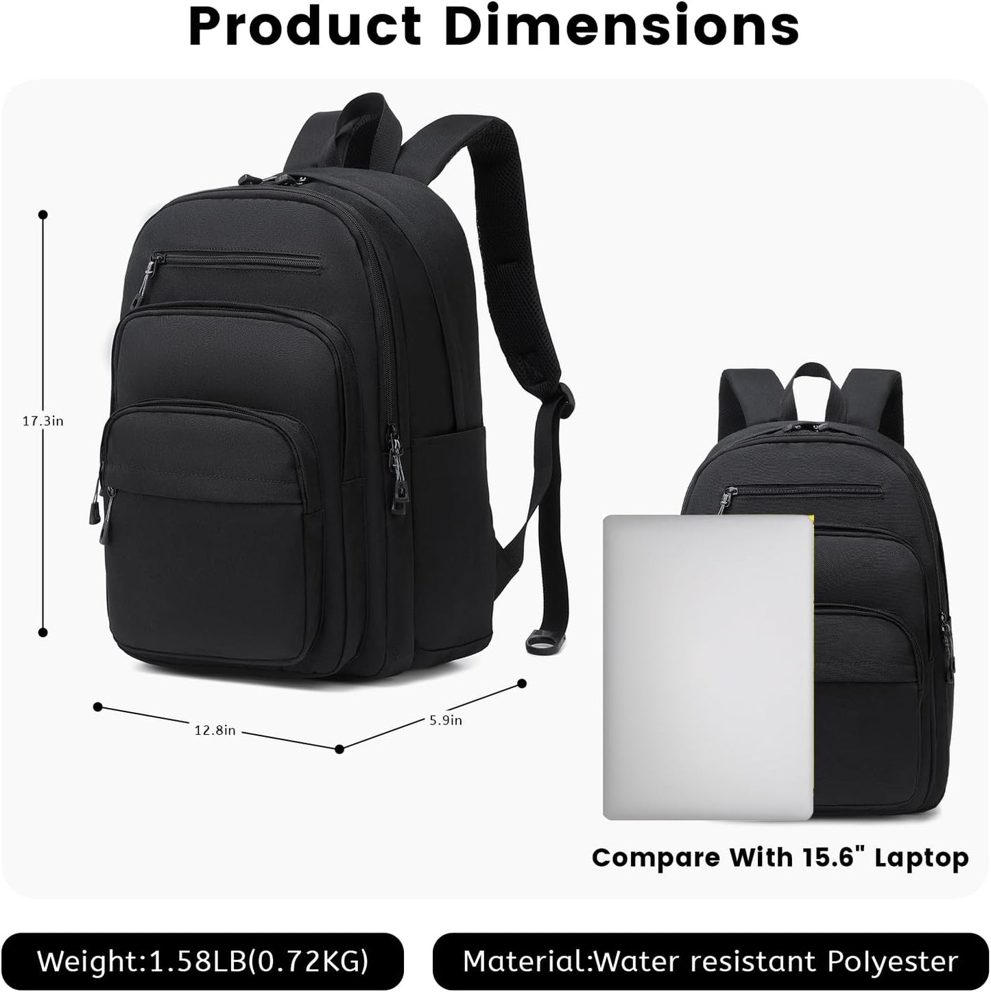 Lanola Basic Multi-Pocket Multipurpose Backpack Classical Water Resistant Student Bookbag For School Business Travel or Casual Daypack Backpacks for Men or Women - Black