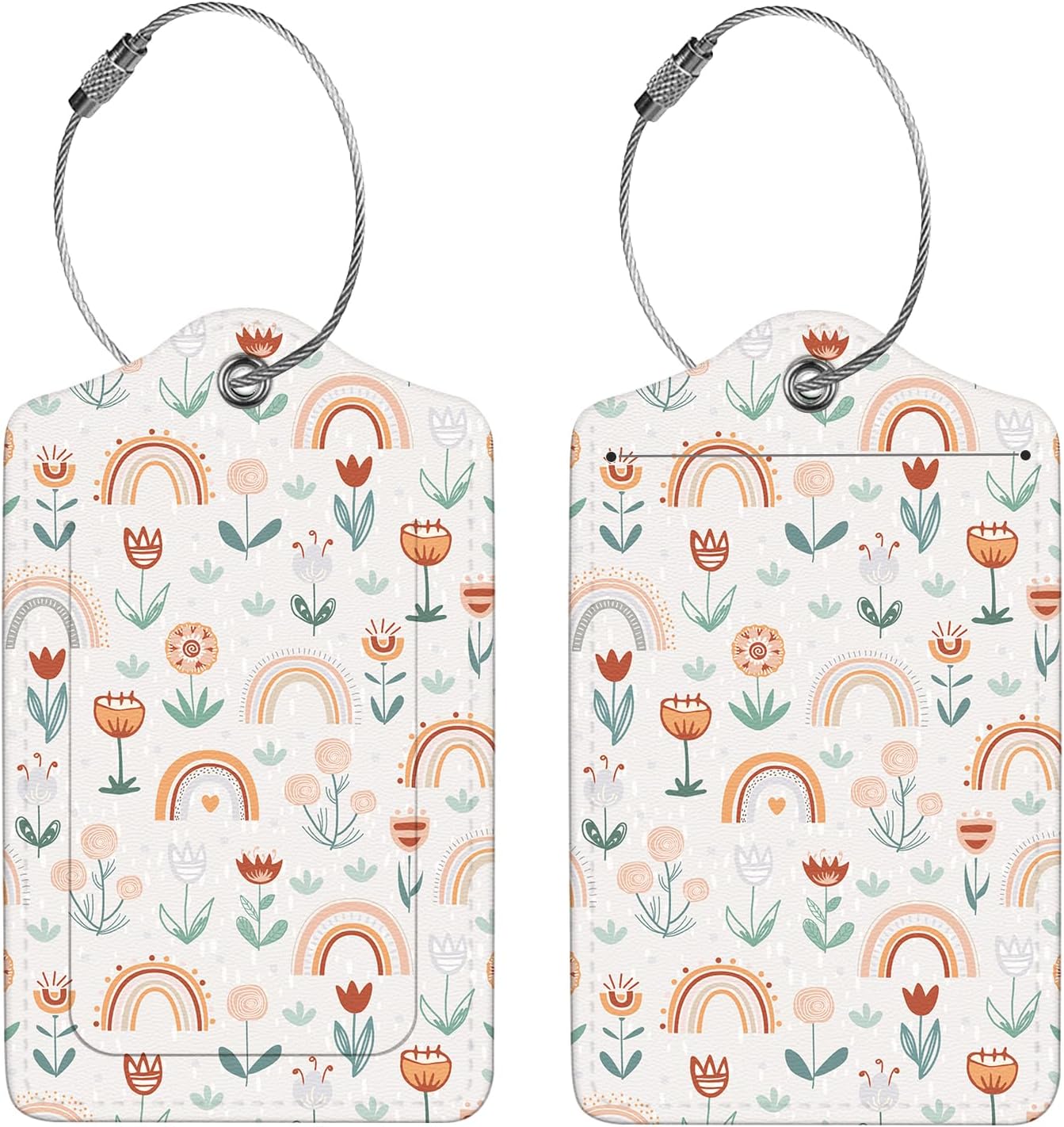 2 Pcs Luggage Tags for Suitcase, Cute Unique PU Leather Travel Bag Tag with Privacy Cover ID Label Address Card and Durable Metal Ring Suitable for Men Women Children Backpack,Rainbow and Flowers