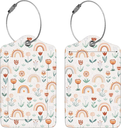 2 Pcs Luggage Tags for Suitcase, Cute Unique PU Leather Travel Bag Tag with Privacy Cover ID Label Address Card and Durable Metal Ring Suitable for Men Women Children Backpack,Rainbow and Flowers