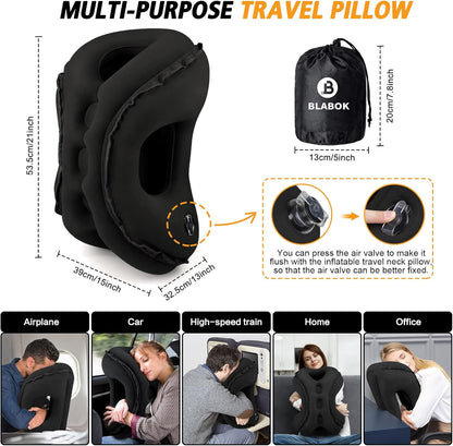 Inflatable Travel Pillow,Multifunction Travel Neck Pillow for Airplane to Avoid Neck and Shoulder Pain,Support Head,Neck,Used for Sleeping Rest, Airplane and Home Use,with Eye Mask, Earplugs, Black