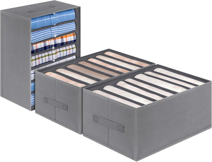 Jeans Organizer for Closet, Foldable Wardrobe Clothes Organizer with Handle, Stackable Closet Clothes Drawer Organizer Tshirts with 7 Grids for Leggings, Sweater, Jean, Pants, Grey (3 PCAK)