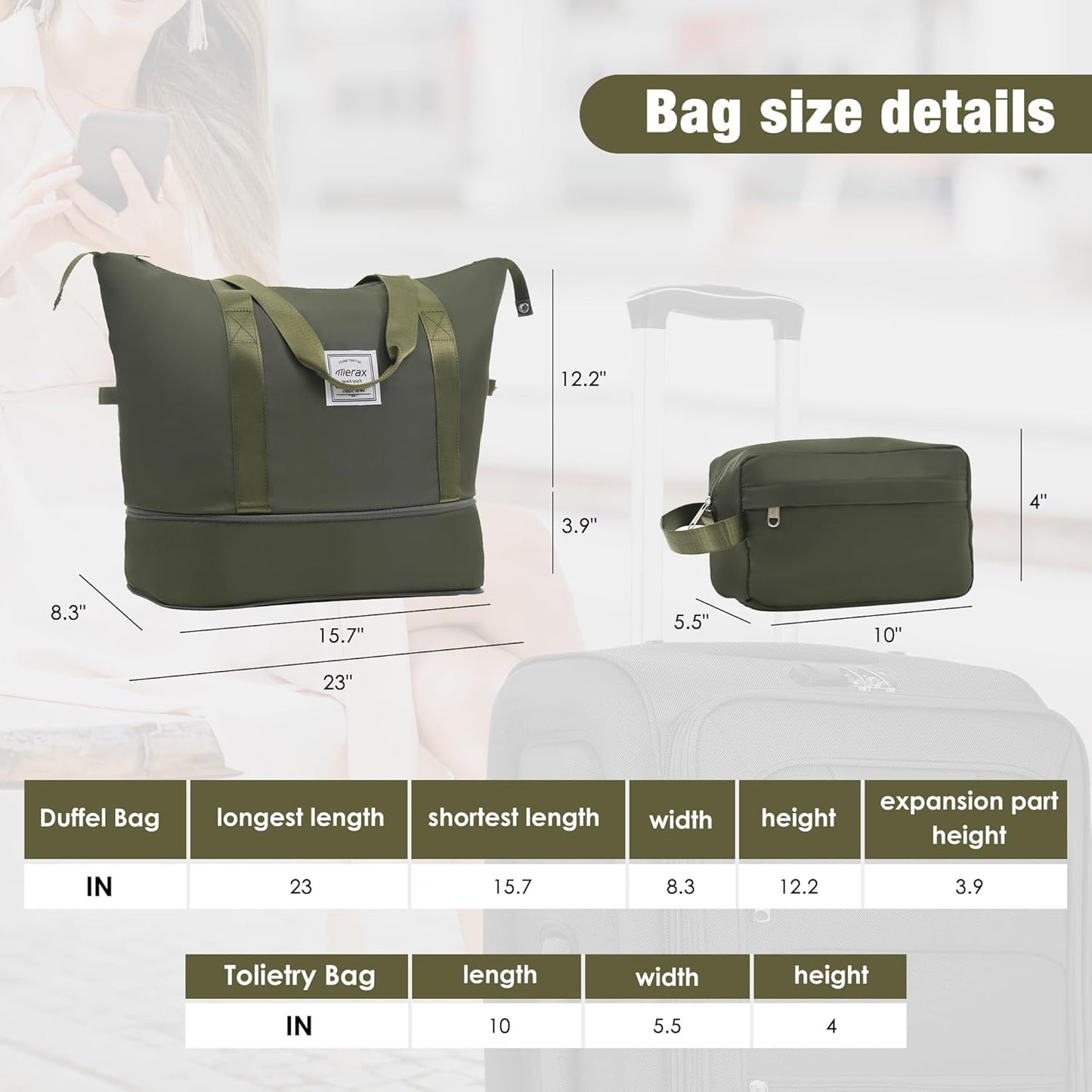 Merax Softside Luggage Set Softshell Lightweight 3 Piece Spinner Suitcase with Duffel Bag Expandable Upright Travel Luggage 22" 26" 30",Army Green