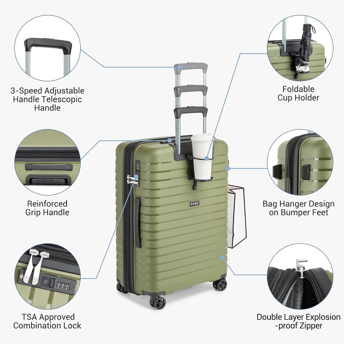 Kono 24 Inch Expandable Luggage Suitcase with Spinner Wheels, Durable Hardside Checked Luggage with Hidden Cup Holder, Lightweight Hard Shell Medium Suitcase with TSA Lock(Green)