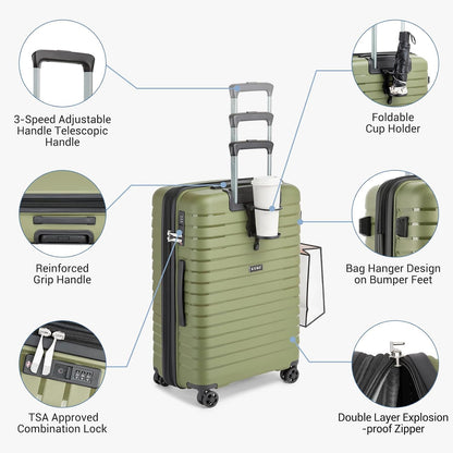 Kono 24 Inch Expandable Luggage Suitcase with Spinner Wheels, Durable Hardside Checked Luggage with Hidden Cup Holder, Lightweight Hard Shell Medium Suitcase with TSA Lock(Green)