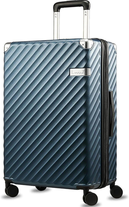 LUGGEX Luggage with Spinner Wheels, Polycarbonate Expandable Hard Shell Suitcase, Checked Large 28 Inch, Blue
