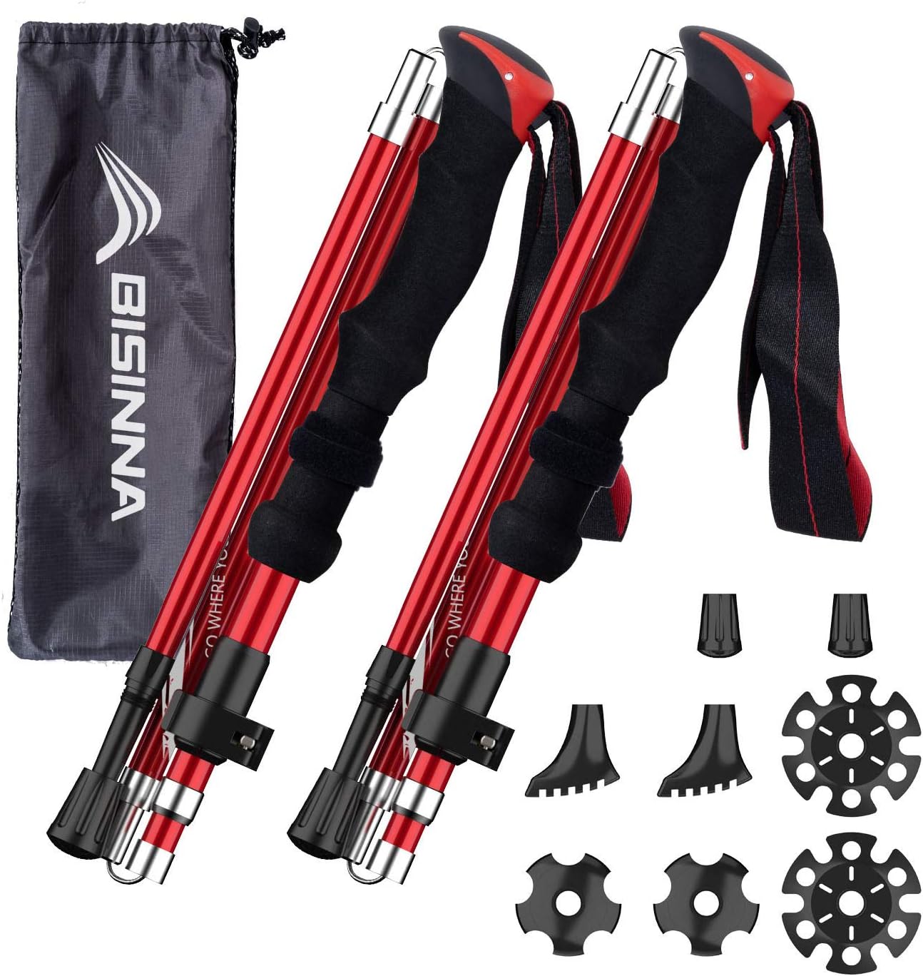BISINNA Collapsible Trekking Hiking Poles- 2 Pack Folding Aluminum Walking Sticks with Quick Lock System 4 Season Accessories,Telescopic, Adjustable, Lightweight for Men Women