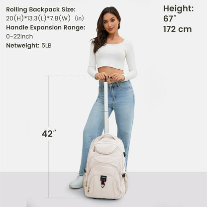Boavan Rolling Backpack for Women, 17.3 Inch Wheeled Laptop Backpack,Large Travel Carry-On Bag for Teachers College Students, USB Charging Port Waterproof Business for Airplane Overnight Luggage，Beige