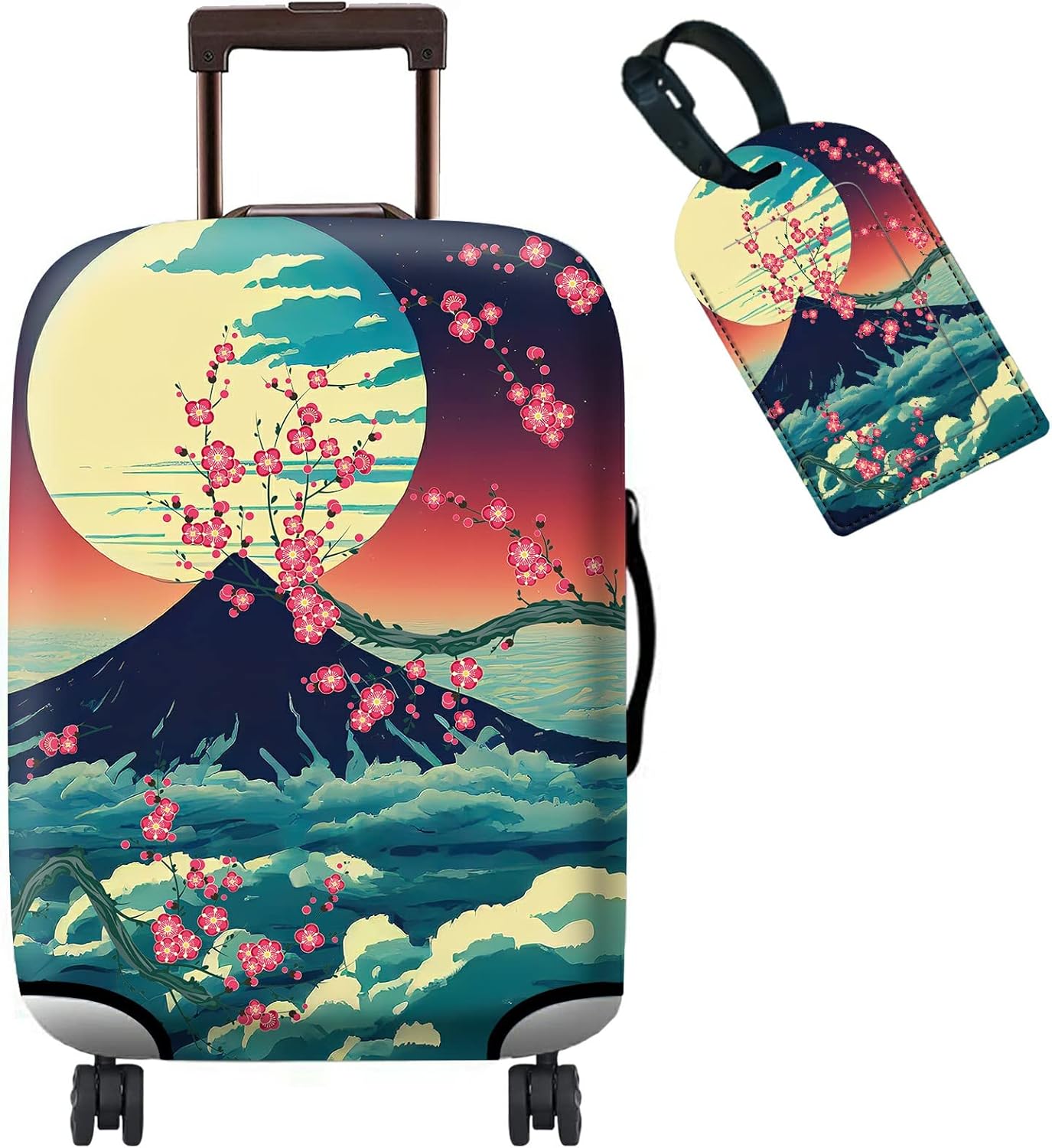 Luggage Cover Suitcase Protector + Luggage Tag, Landscapes Sakura Mount Fuji Travel Suitcase Cover for 18-20 inch Luggage (S) with Concealed Zipper Washable Elastic Cloth Dustproof Anti-Scratch