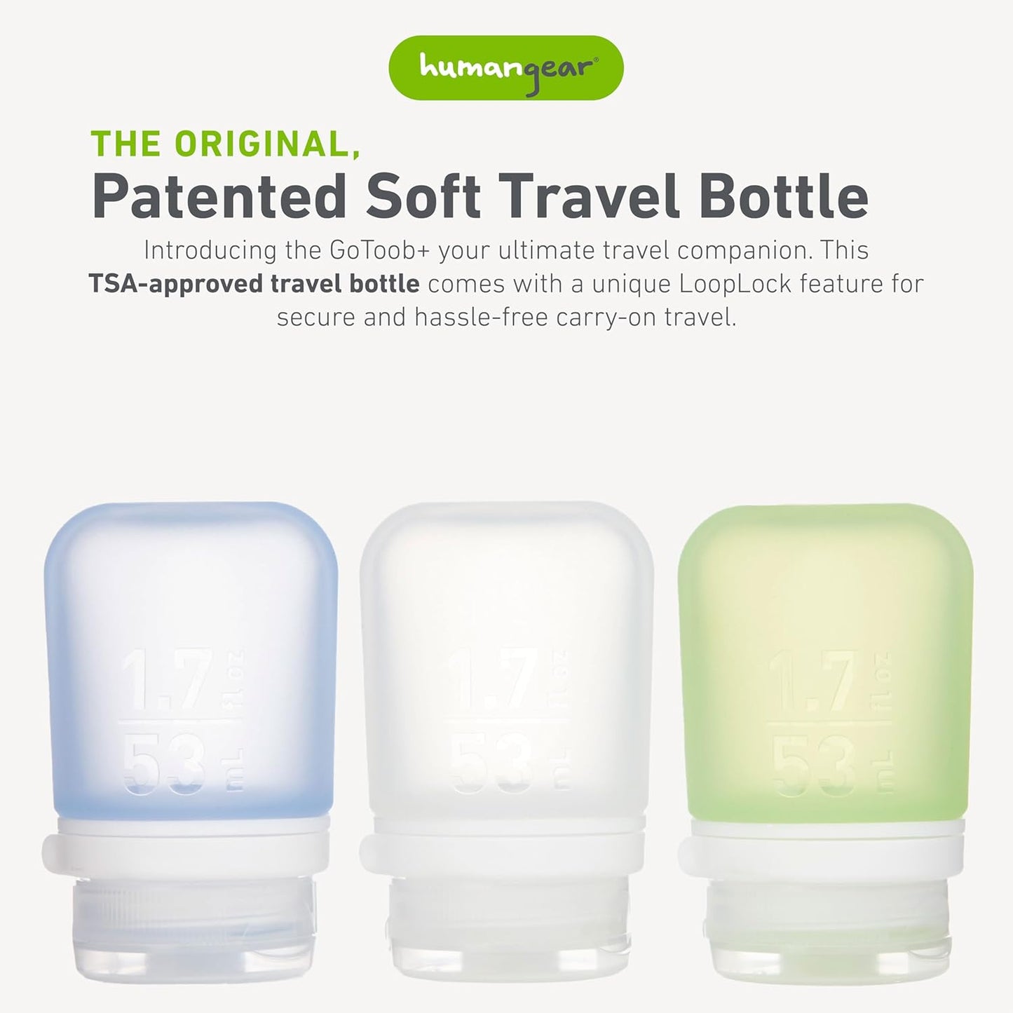 humangear GoToob+ 3-Pack (Small) | Refillable Silicone Travel Bottle | Locking Lid | Food-Safe Material, Clear/Green/Blue, Small (1.7 fl.oz; 53ml)