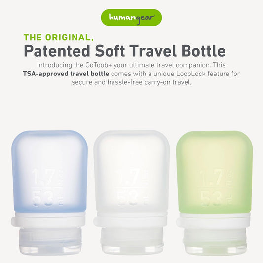 humangear GoToob+ 3-Pack (Small) | Refillable Silicone Travel Bottle | Locking Lid | Food-Safe Material, Clear/Green/Blue, Small (1.7 fl.oz; 53ml)