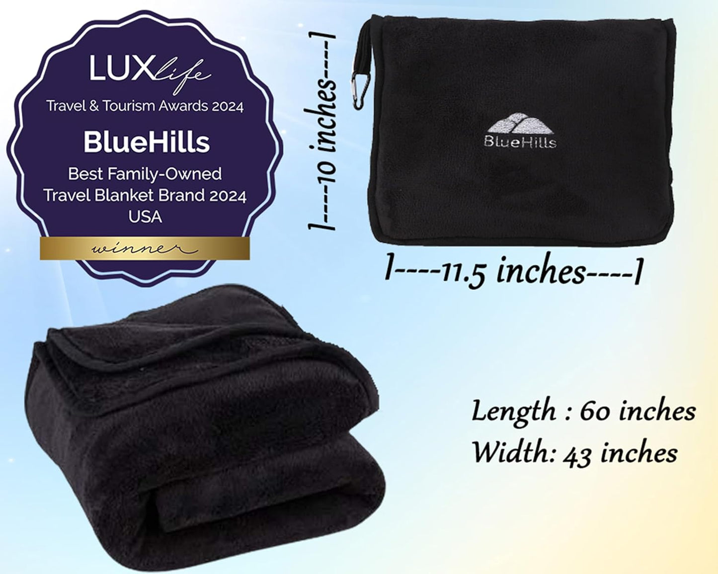 BlueHills Premium Soft Travel Blanket Pillow Airplane Blanket Packed in Soft Bag Pillowcase with Luggage Sleeve Compact Pack Large Traveling Packable Lightweight Gifts Black T008