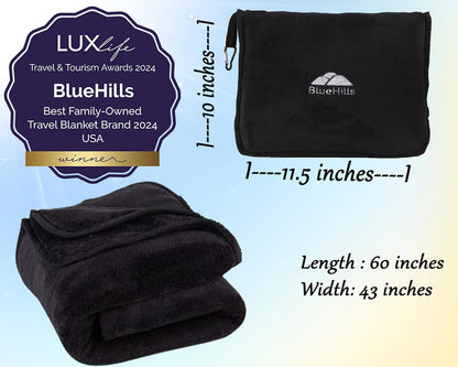 BlueHills Premium Soft Travel Blanket Pillow Airplane Blanket Packed in Soft Bag Pillowcase with Luggage Sleeve Compact Pack Large Traveling Packable Lightweight Gifts Black T008