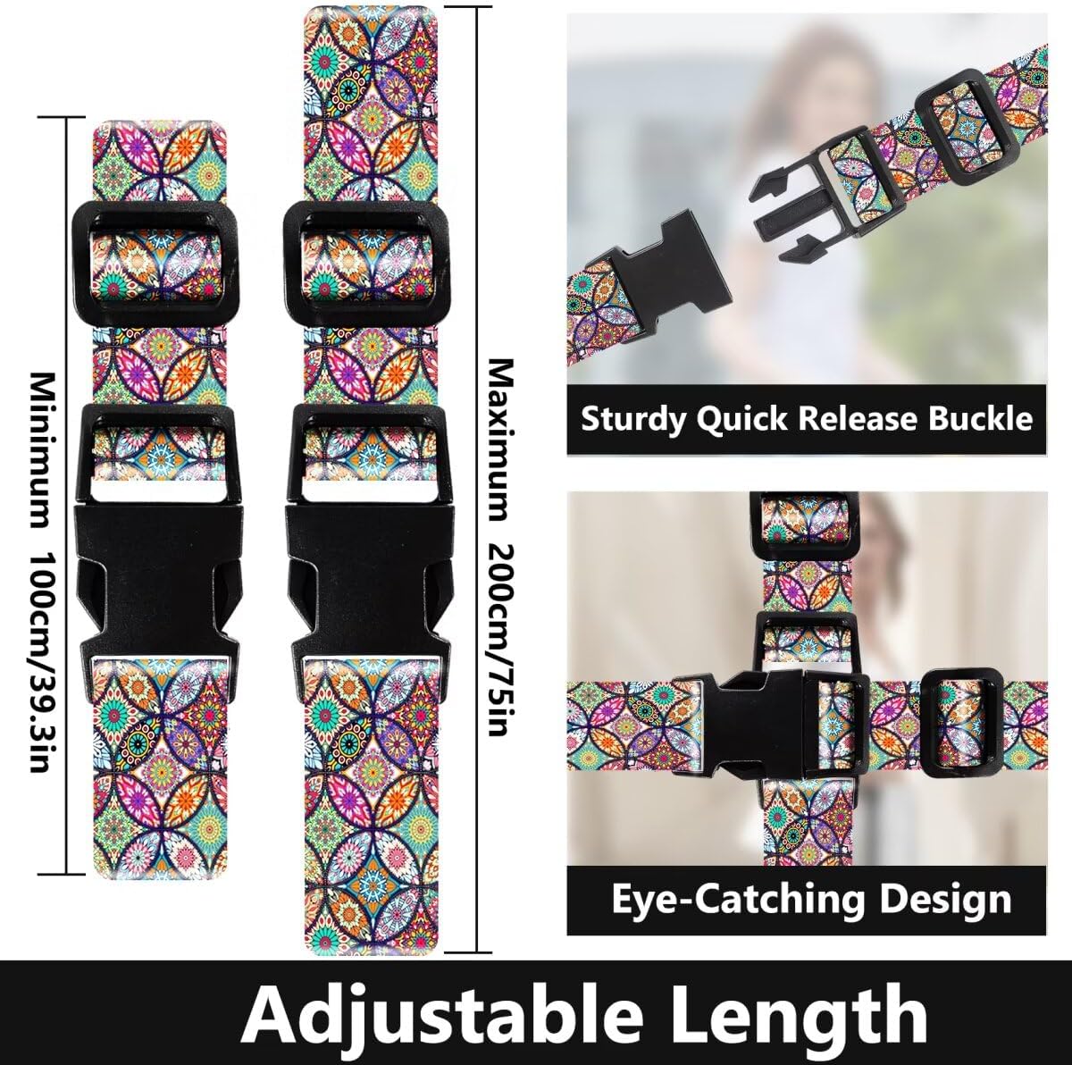 2 Pack Luggage Straps for Suitcases Adjustable Luggage Belt TSA Approved, Bright Colors Travel Packing Straps with Quick Release Buckle Unique Nylon for Sleeping Bag Car Seat, Bohemia