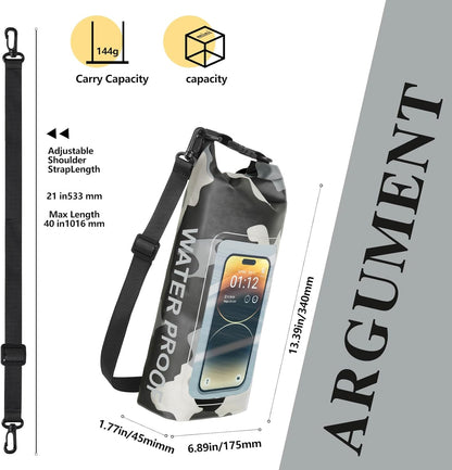IP68 Waterproof Dry Bag, 2L - Roll Top Waterproof Pool Bag，Dry Bags for Kayaking Waterproof-w/Phone Pouch,Large Waterproof Phone Pouch,Boating & Kayak Accessories Camping (Gray 2L)