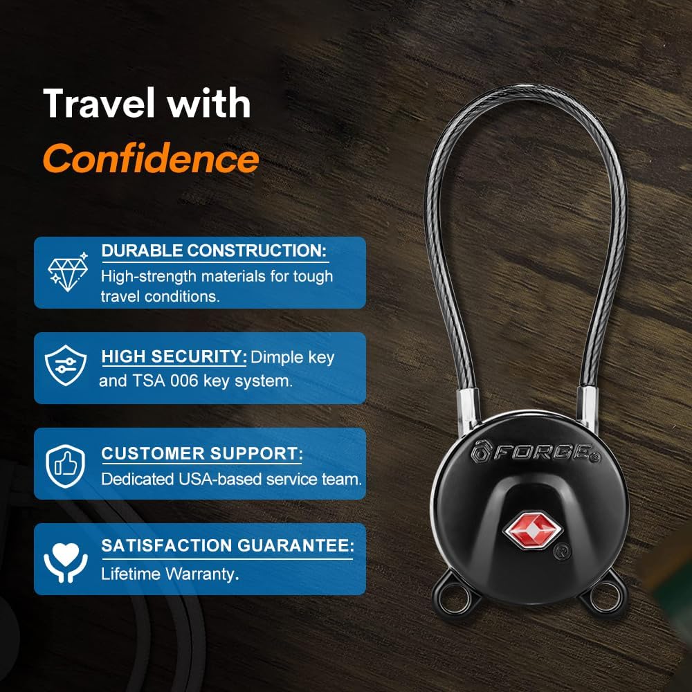 Forge TSA Approved Luggage Locks Ultra-Secure Dimple TSA006 Key Travel Locks with Zinc Alloy Body- Black 2 Cable Locks