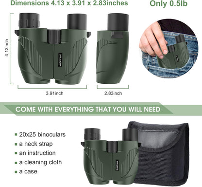 20X25 Compact Binoculars for Adults and Kids,Large Eyepiece Waterproof Binocular，Easy Focus Small Binoculars for Bird Watching,Hiking and Concert, Green