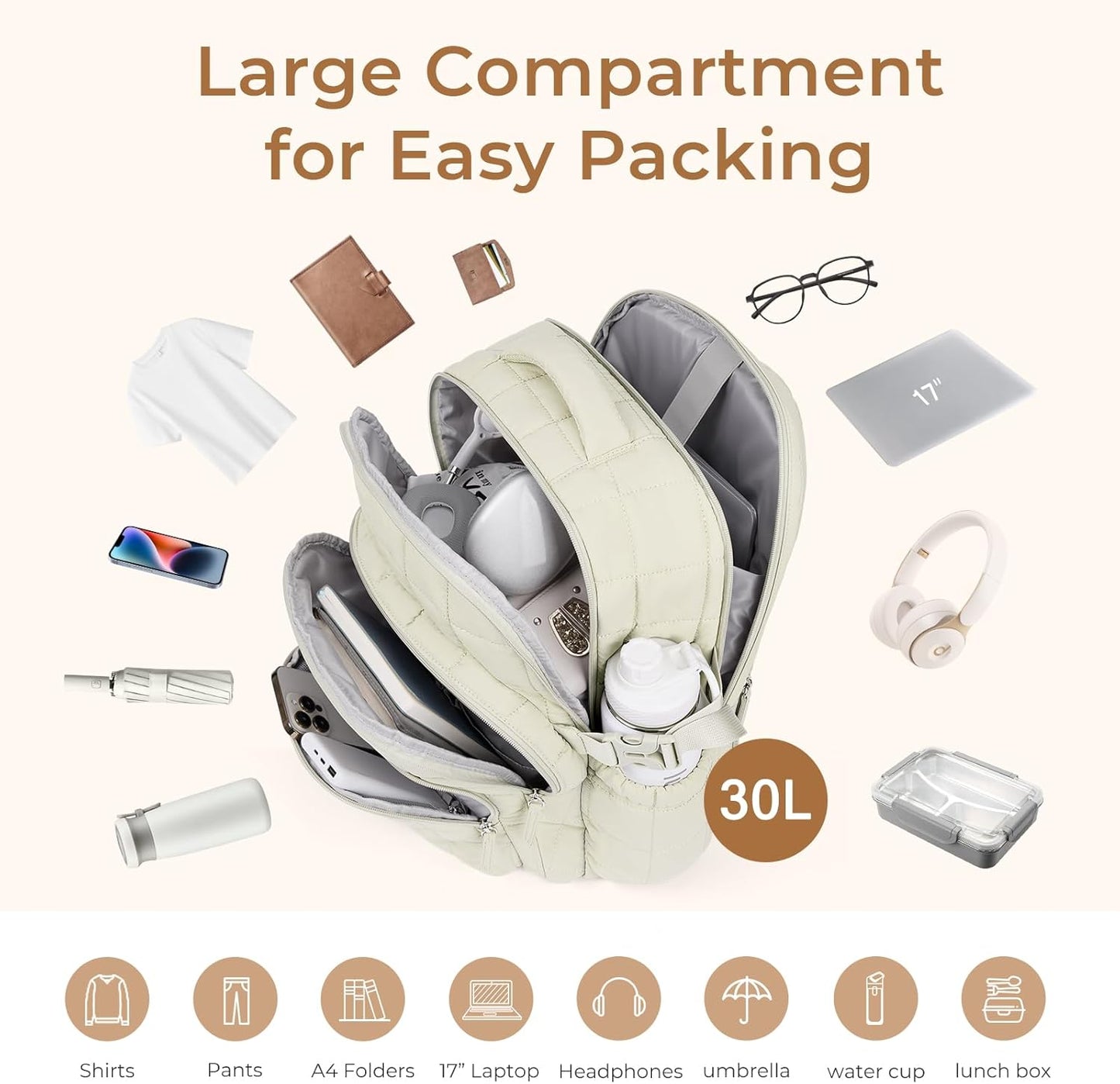 CLUCI 17.3 Inch Laptop Backpack for Women, Anti Theft Travel Backpack, Puffer Quilted Work Backpack, Water Resistant College Bookbag, Carry on backpack with RFID (Beige)