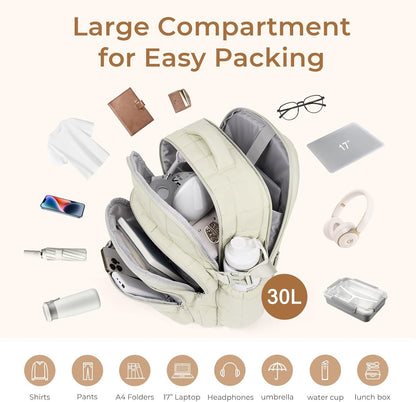CLUCI 17.3 Inch Laptop Backpack for Women, Anti Theft Travel Backpack, Puffer Quilted Work Backpack, Water Resistant College Bookbag, Carry on backpack with RFID (Beige)