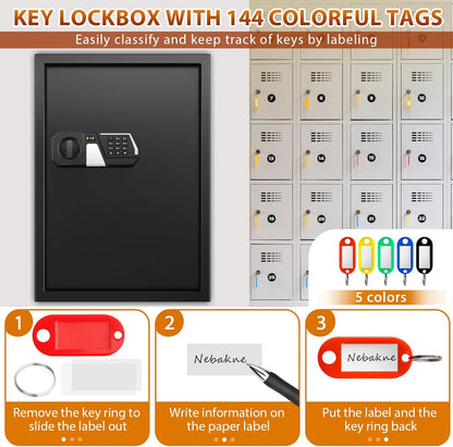 144 Keys Fireproof Cabinet Safe With Adjustable Hook Plates and Tags, Anti-Theft Lock Box Wall Mount With Combination Lock, Organizer for Home Office Garage