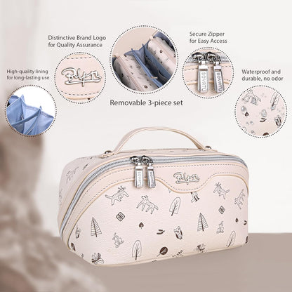 BOYATU Travel Makeup Bag Cosmetic Bags for Women: 3 Pcs Set Portable Make up Bag with Handle - Vegan Leather Toiletry Bags with Compartments - Makeup Organizer for Travel Essentials(04-white)