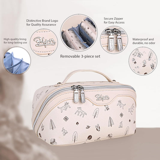 BOYATU Travel Makeup Bag Cosmetic Bags for Women: 3 Pcs Set Portable Make up Bag with Handle - Vegan Leather Toiletry Bags with Compartments - Makeup Organizer for Travel Essentials(04-white)