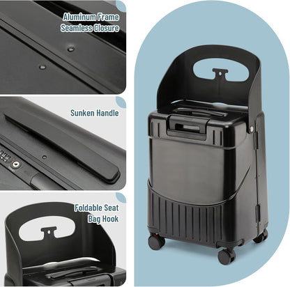 Hardside 22'' Luggage with Seat for Kids & Adults, 360° Lockable Spinner Wheels Travel Suitcase with TSA Approved Lock and Seat Belts(Black, 22-Inch)