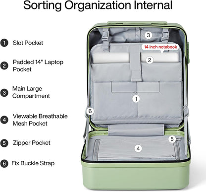 MILADA Underseat Carry On Luggage With Wheels 16 Inch Small Suitcase Underseat Carry On bag Mini Travel Luggage Personal Item Hard Case Luggage TSA Approved Luggage,Bamboo Green