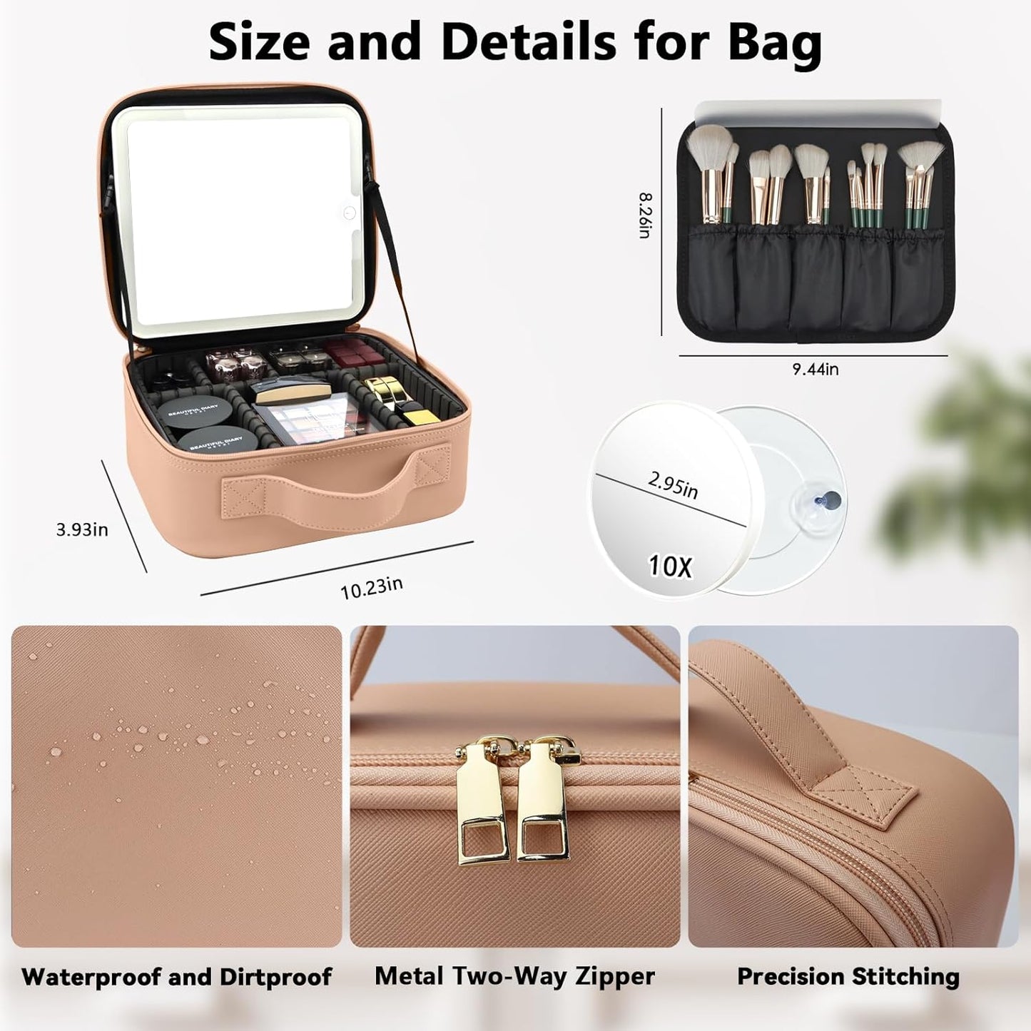 Travel Makeup Bag with LED Mirror and 10x magnifying glass with 3 Lighted Settings, Adjustable Dividers and Makeup Brush Storage Bag Khaki