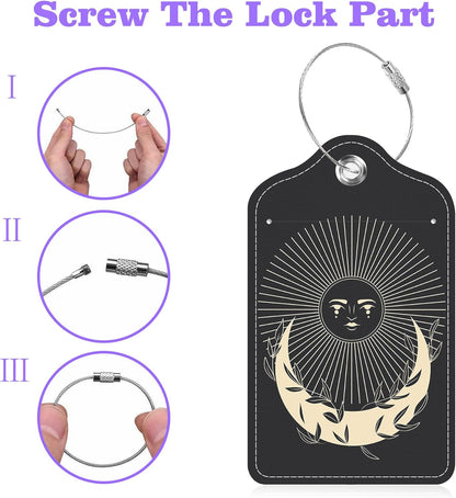 2 Pack Luggage Tags for Suitcase Moonlight in Vintage Engraving Leather Stainless Steel Loop Label Tags for Women Men Travel Bag Suitcase with Privacy Cover Name ID Card
