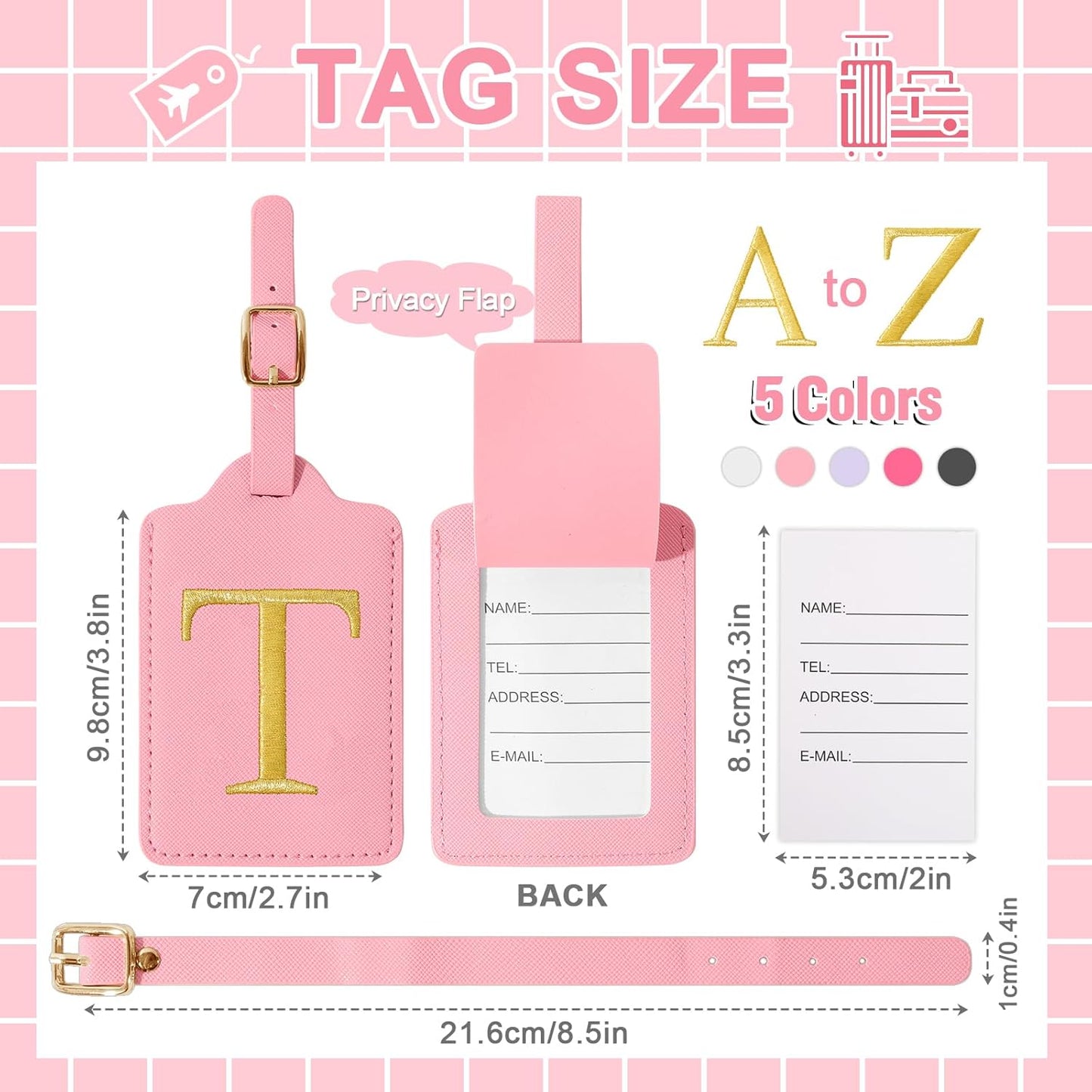Personalized Initial Luggage Tags for Suitcase, Pink Leather Cute Luggage Tags with Privacy Cover Name Card, Embroidered Custom Monogrammed Luggage Tag Travel Bag Baggage Tags Gifts for Women Kids(T)