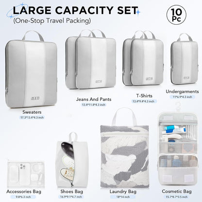 10 Set Compression Packing Cubes for Travel Essentials,Compressible Expandable Packing Cubes for Suitcase,OlarHike Luggage Organizer Bags for Travel,Handy Helper for Organizing Clothes(White)