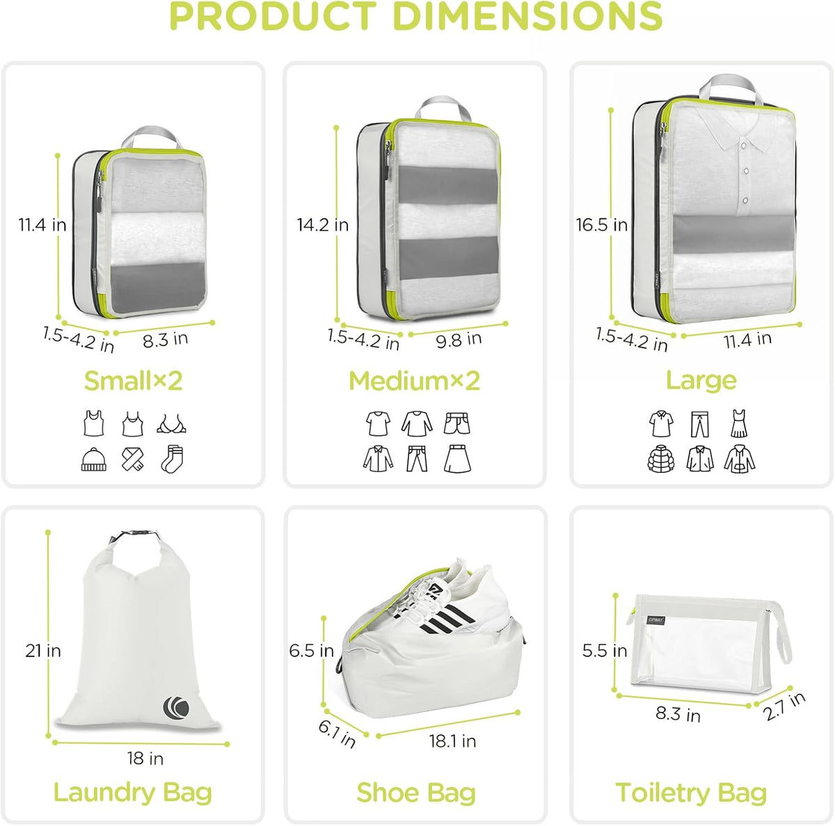 Cipway Compression Packing Cubes Mesh, Lightweight Luggage Organizer Bags with Laundry Bag,Toiletries Bag and Shoe Bag, Travel Essentials for Carry on Suitcase（8Pcs,White）