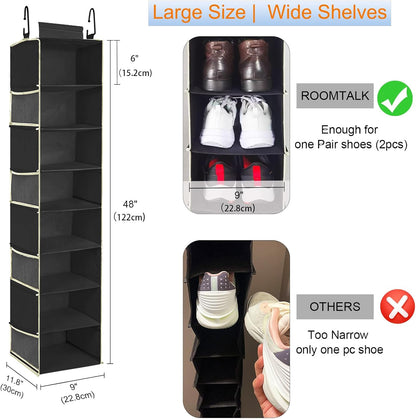2 Pack Large-Sized Hanging Shoe Organizer 8-Shelf, Hanging Closet Organizer with 8 Side Pockets, Wider Hanging Shelves for Storage Shoes Clothes 9" W × 11.8" D× 48" H, Black.