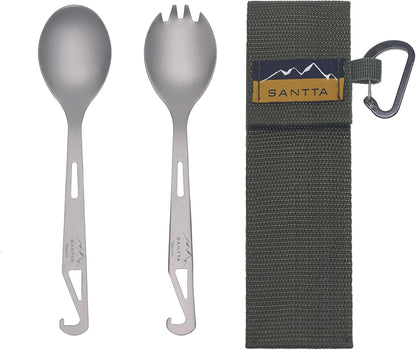 SANTTA Titanium Camping Utensil Set, Titanium(Ti) Spork, Spoon Fork & Bottle Opener Combo Camping Cutlery 2-PC Set
