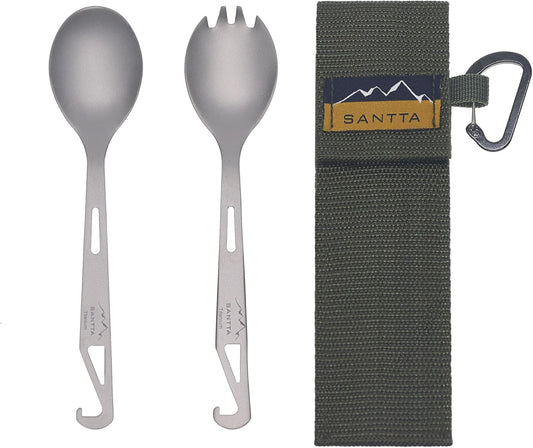 SANTTA Titanium Camping Utensil Set, Titanium(Ti) Spork, Spoon Fork & Bottle Opener Combo Camping Cutlery 2-PC Set