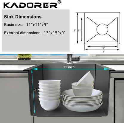 13 x 15 Inch Black Drop In Small Kitchen Sink, Single Bowl Topmount Bar Prep Sink - 18 Gauge Stainless Steel with Basket Strainer