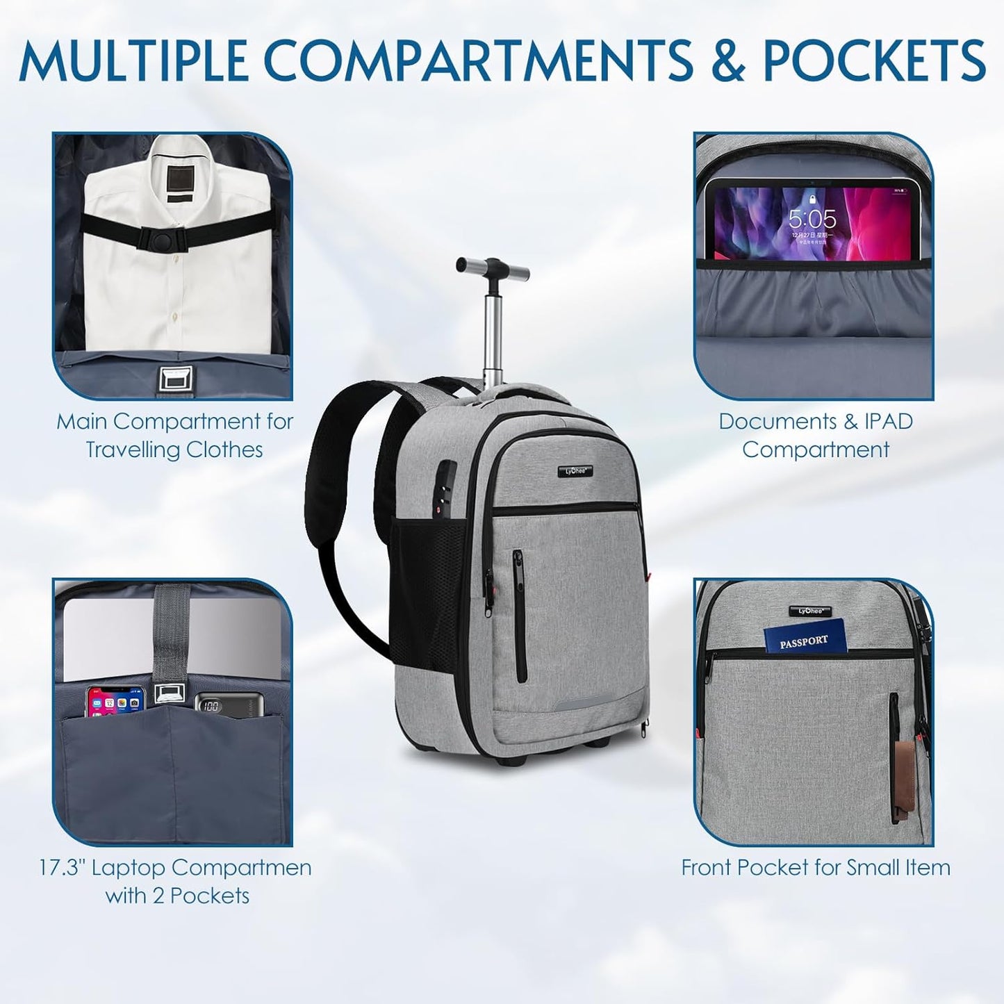 lychee Concealable Rolling Backpack-Adult Business Laptop Backpack with Wheels-20 inch Invisible Shoulder Strap Waterproof Backpack with Roller-Suitcase Travel Bag,Grey