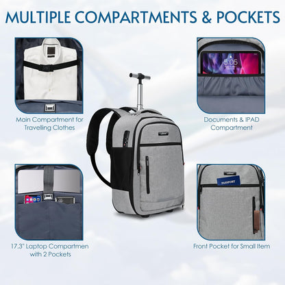 lychee Concealable Rolling Backpack-Adult Business Laptop Backpack with Wheels-20 inch Invisible Shoulder Strap Waterproof Backpack with Roller-Suitcase Travel Bag,Grey