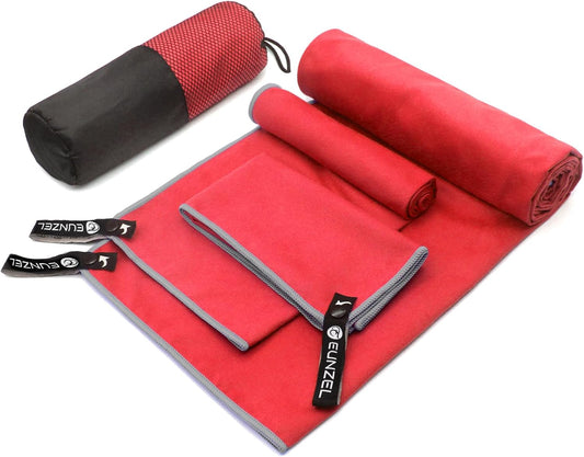 Eunzel Quick Dry Camping Towel, Microfiber Travel Towel 3 Size at 1 Pack,Fast Drying Towel Set for Camping, Beach, Gym, Sports, Yoga & Swimming Pool, Red