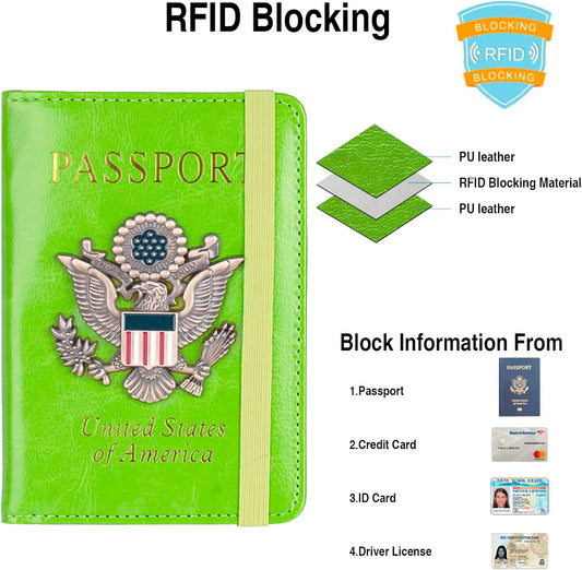 Passport Holder for Travel Passport Cover for Men Passport Wallet Case with Metal 3D Metal Badge Protector Leather Card Case RFID Blocking Women Travel Accessories Document Organizer (Green)