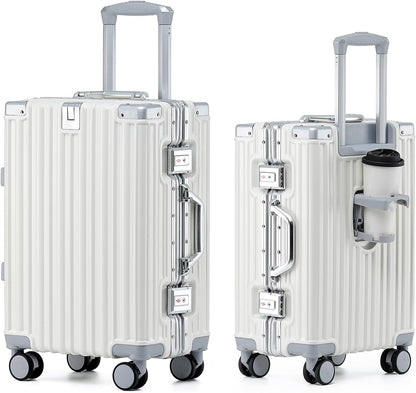 HotWay 26 Inch Aluminum Frame Luggage with Spinner Wheels, PC Hard Shell Suitcase with Cup Holder, Zipperless Luggage for Business Travel, White