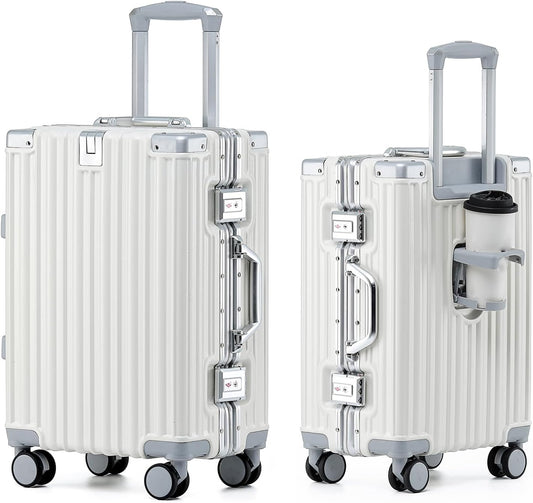 HotWay 26 Inch Aluminum Frame Luggage with Spinner Wheels, PC Hard Shell Suitcase with Cup Holder, Zipperless Luggage for Business Travel, White