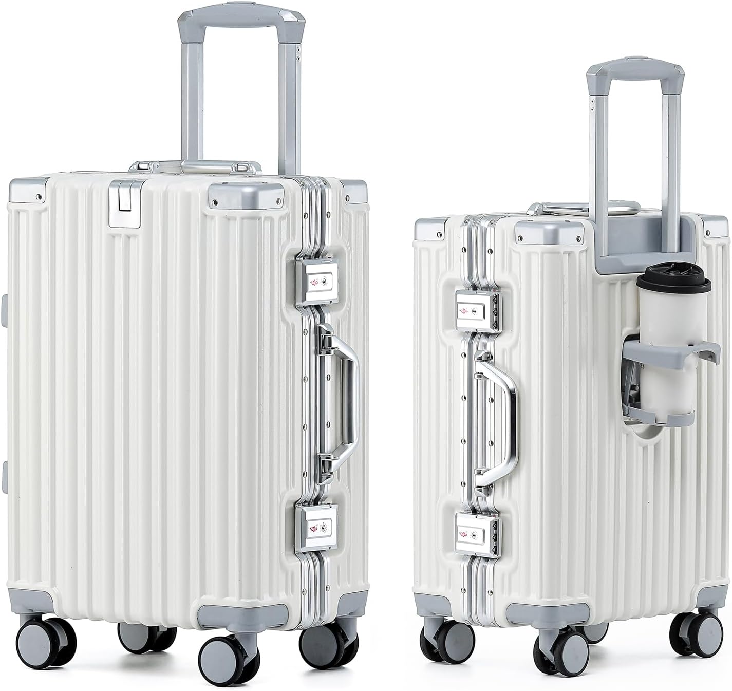 HotWay 20 Inch Aluminum Frame Carry On Luggage with Spinner Wheels, PC Hard Shell Suitcase with Cup Holder, Zipperless Luggage for Business Travel, White