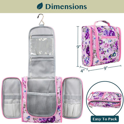 PAVILIA Toiletry Bag Travel Bag for Women Men, Hanging Cosmetic Organizer, Water Resistant Makeup Bag for Accessories Toiletries, Large Travel Essentials Kit (Floral Pink)